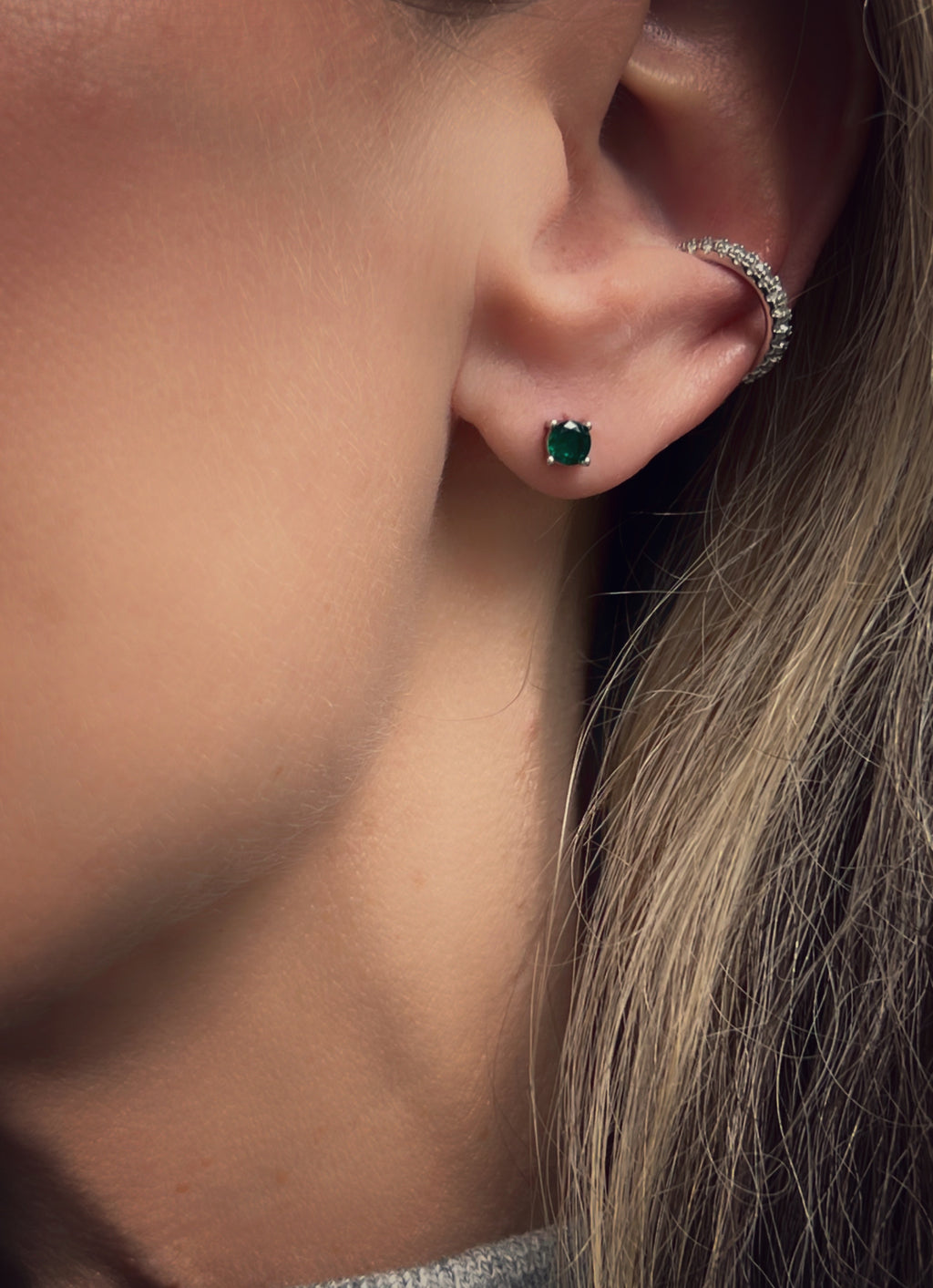 Irma Solitaire Medium Studs Green Silver