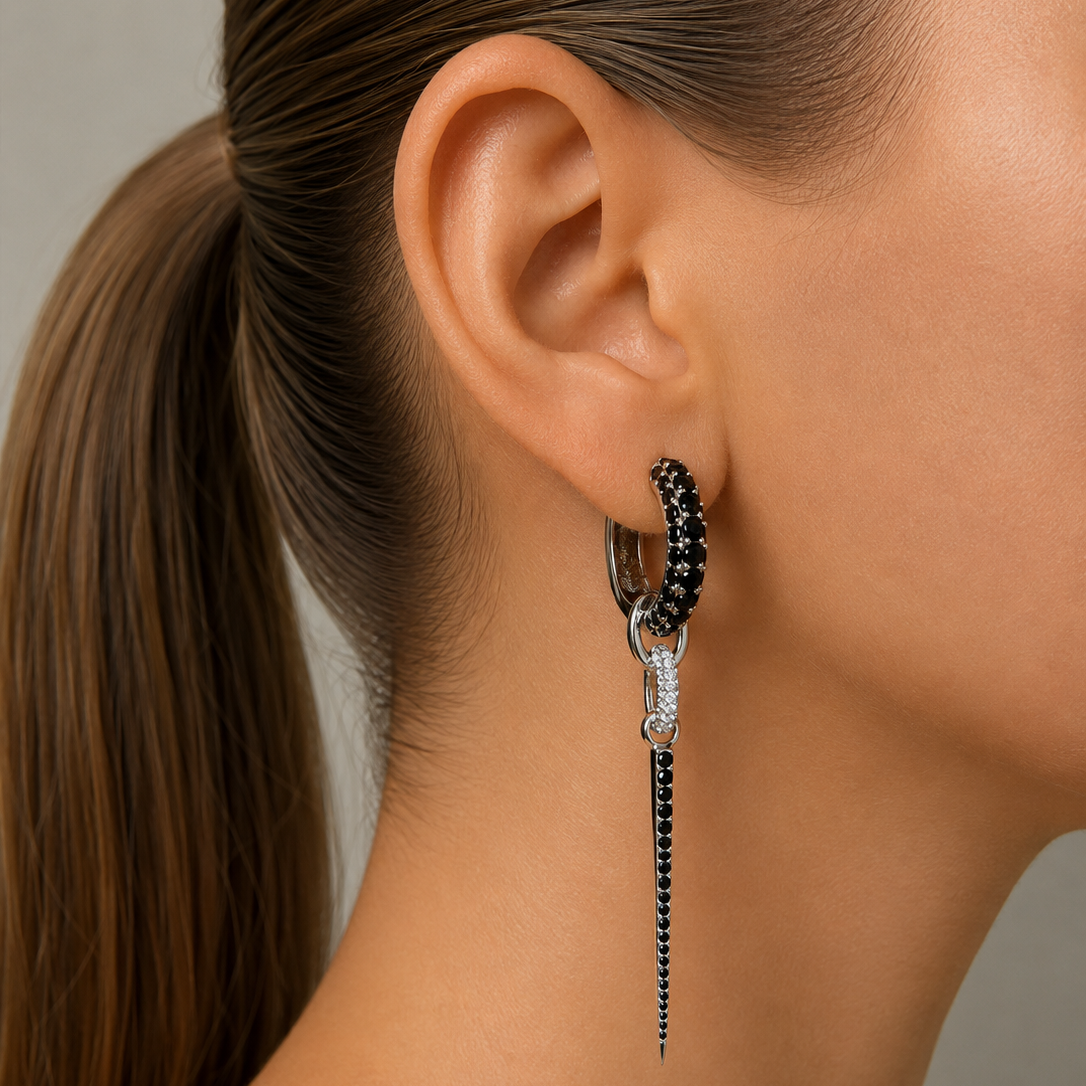 Timeless Chunky Hoops Black Spinel Silver
