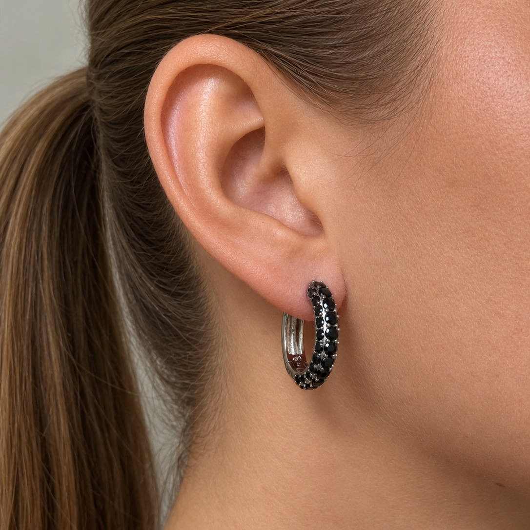 Timeless Chunky Hoops Black Spinel Silver
