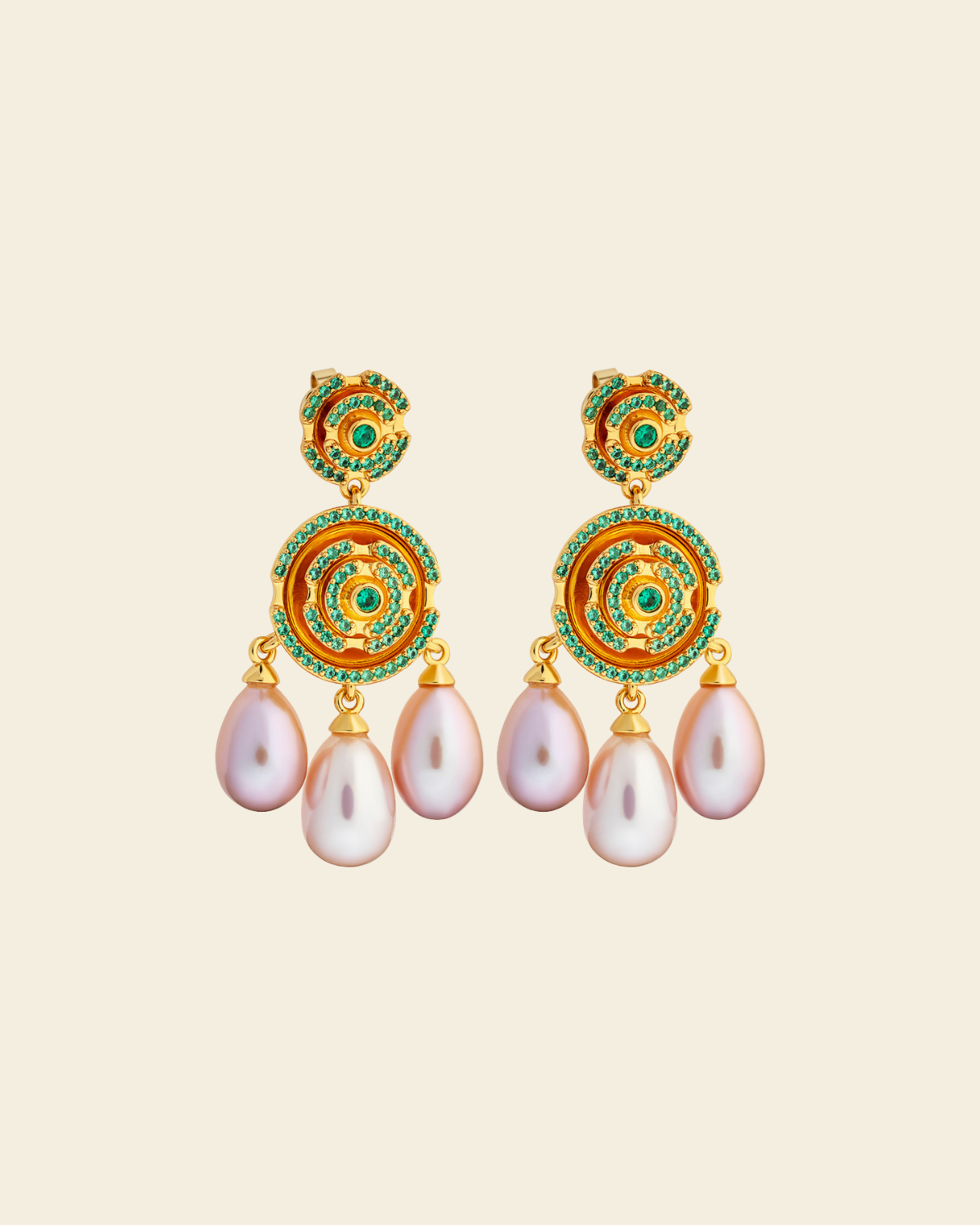 Labyrinth Vanity Earrings Green Spinel/ Sweet Water Pearl Pink - Charlotte Bonde Sthlm