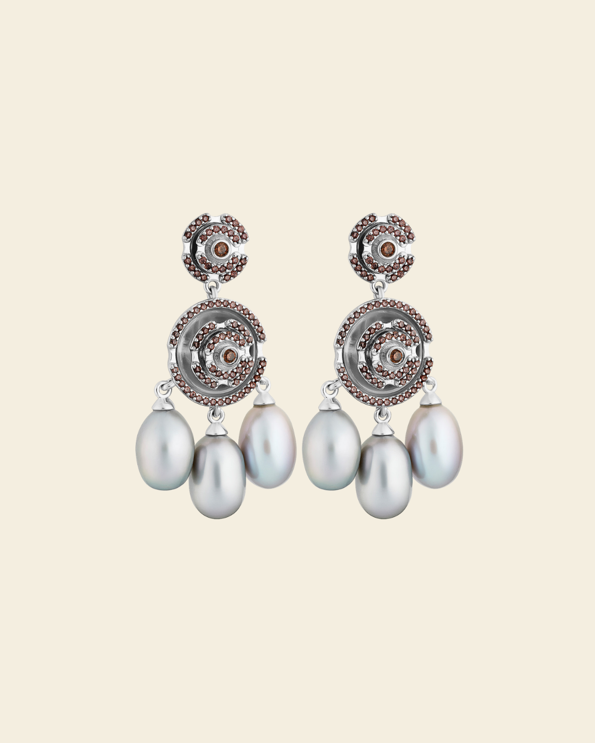 Labyrinth Vanity Earrings Smoky Quartz/ Sweet Water Pearl Grey - Charlotte Bonde Sthlm