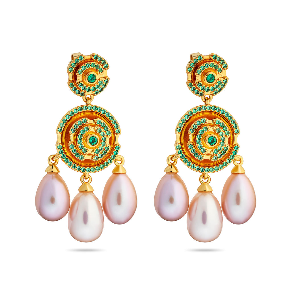 Labyrinth Vanity Earrings Green Spinel/ Sweet Water Pearl Pink - Charlotte Bonde Sthlm