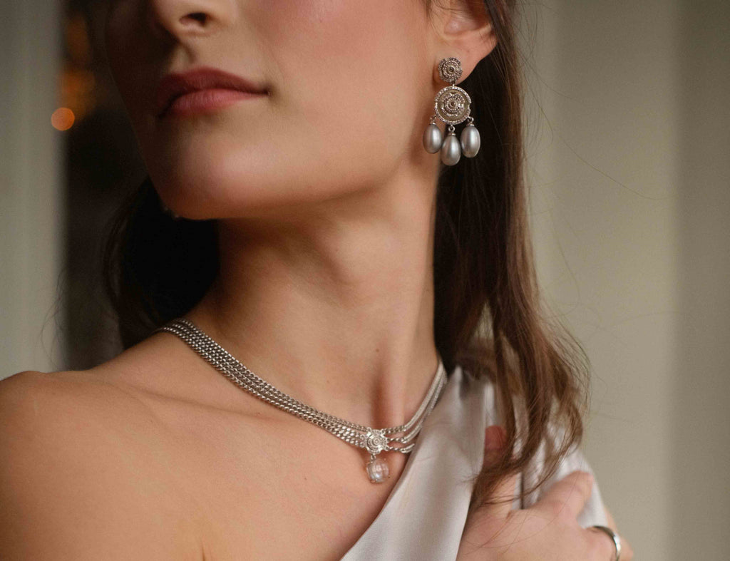 Labyrinth Vanity Earrings Smoky Quartz/ Sweet Water Pearl Grey - Charlotte Bonde Sthlm